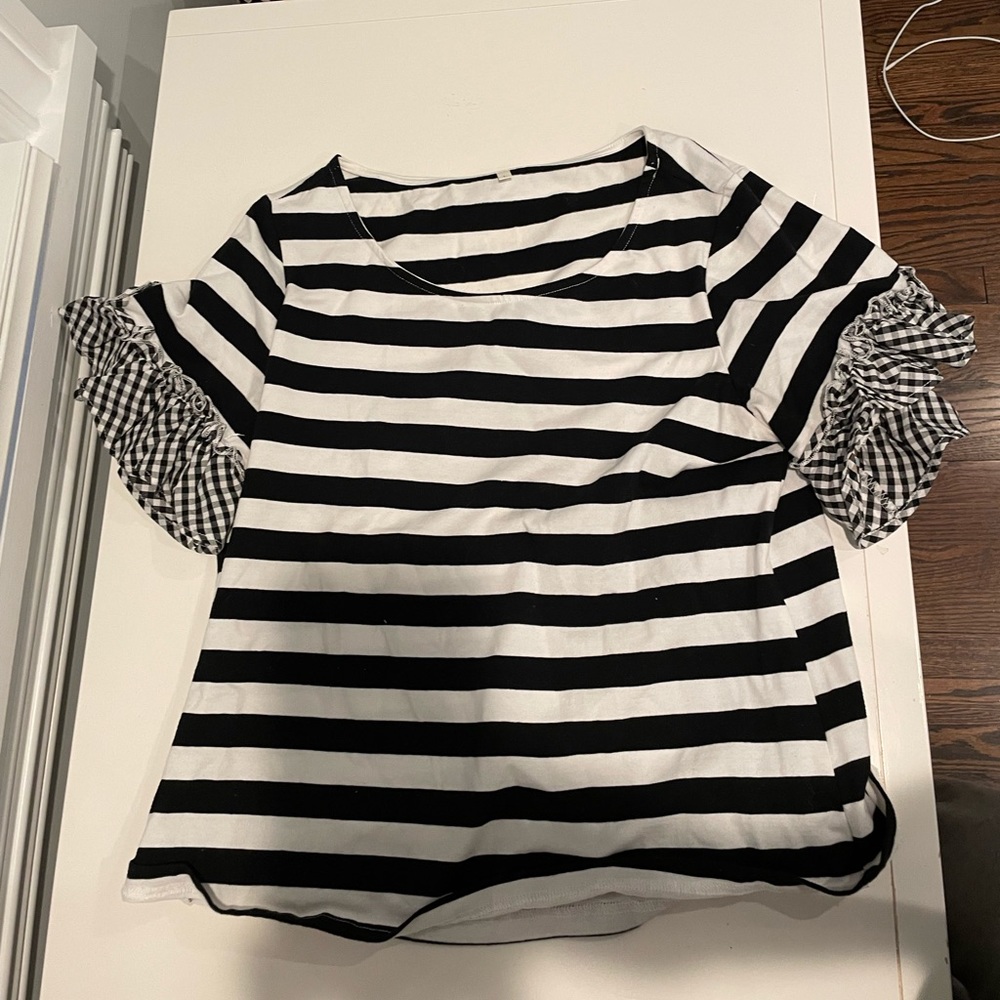 Short sleeve gingham and stripe top